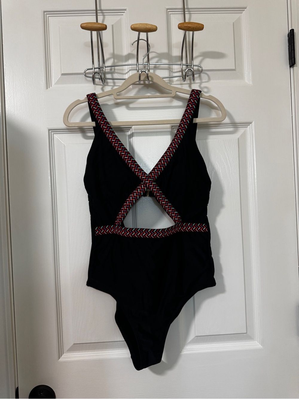 Xhilaration Black One-Piece Swimsuit with Red, Teal Accent Trim
